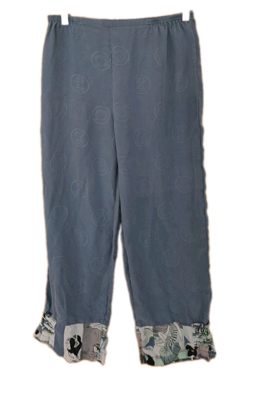 Citron Santa Monica 100% Silk Red Wide Leg Pants Asian Inspired Floral Blue Sz M